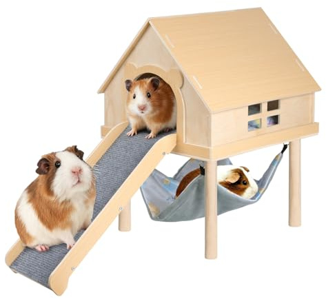 Guinea Pig Hideout- Wooden Guinea Pig Toys with Stairs and Mat & Hammock, Detachable Double-Decker House for Small Animal Toys for Hiding Sleeping Activities
