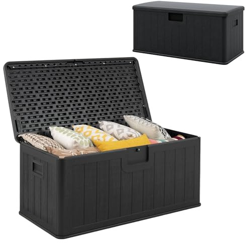 HOMASIS 378 L Baule da Esterno Impermeabile, Cassapanca Contenitore in HDPE con Coperchio Bloccabile, Armadio da Giardino per Interni ed Esterni, Portata di 200 kg, 130 x 64 x 59 cm (Nero)