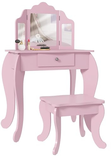 HOMCOM Kids Vanity Table and Chair Set, Girls Vanity Set with Tri-Folding Mirror and Stool, Makeup Dressing Table with Drawer, Pink