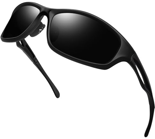 Joopin Gafas de Sol Polarizadas Deportivas Gafas Ciclismo Hombre y Mujer Montura TR90 Ligera Envolvente Protección UV400 para Running Conducir Pesca Golf Negra Mate