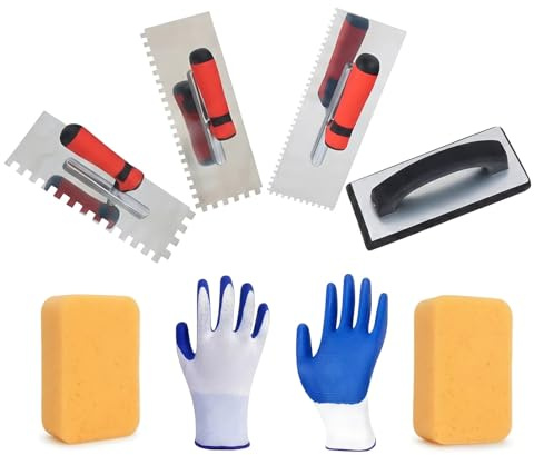 CIMANTIC Tile Tools Stainless Steel Square Notch Trowel Set Plus Grout Sponge and Rubber Grout Float with Safety Gloves for Tiling Installation Grouting