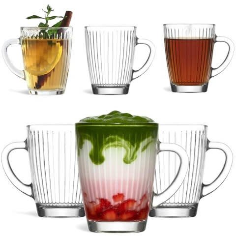 vienberg HESTIA 6er Set Teegläser mit Henkel – Elegante Kaffeegläser mit innenliegendem Rillen-Relief – Bleifreie Glastassen für Matcha, Cappuccino & Tee, Glas mit Griff (400, Milliliter)
