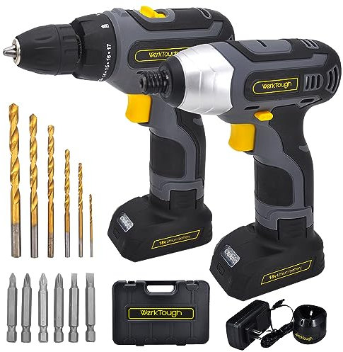 Werktough 17pcs Impact Driver Combi drill1/4 Tool Kit Home Improvement 2 Lion BatterIies Combi Set Cordless Tools Home Repair with Fast Charger CC006
