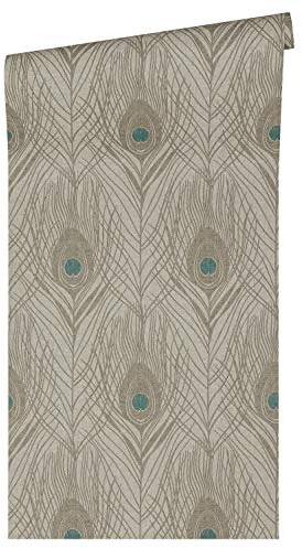 A.S. Création Architects Paper Non-Woven Wallpaper Absolutely Chic Wallpaper with Peacock Feather 10.05 m x 0.53 m Blue Brown Grey Made in Germany 369716 36971-6