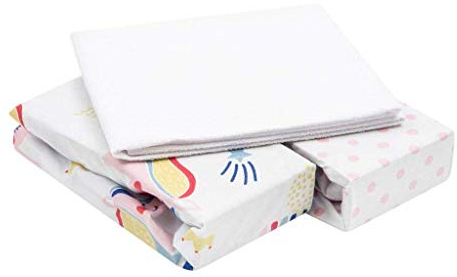 FlyIdeas 3-teiliges Spannbettlaken-Set für Kinderwagen, Stubenwagen & Moseskörbe 75x35 cm – 2 Baumwoll-Spannbettlaken & 1 wasserdichter Matratzenschoner