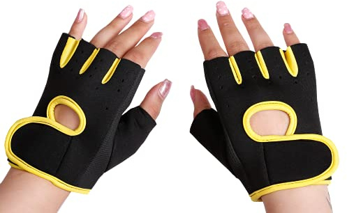 Weight Lifting Gloves with Wrist Support Gym Workout Cycling Rowing Training Fitness Sports Gloves Exercise body pump Short finger Padded Firm Grips protection Anti-Slip Men Women kids (Large, Yellow)