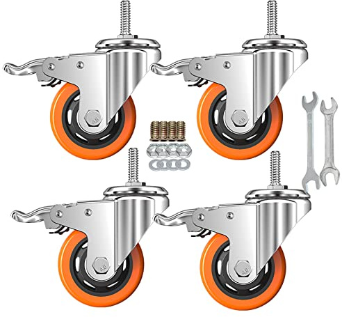 Stem Caster Wheels Heavy Duty Casters PVC M8-1.25x1″ (Stem Diameter 8mm, Stem Length:1″) Casters with Brake Dual Locking for Home, Office, Industry use (2 Inch, with Brake)