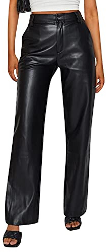 Miolasay Women Faux Leather Leggings Pants High Waist Straight Wide Leg PU Pleather Casual Solid Trousers with Pockets (Black, M)