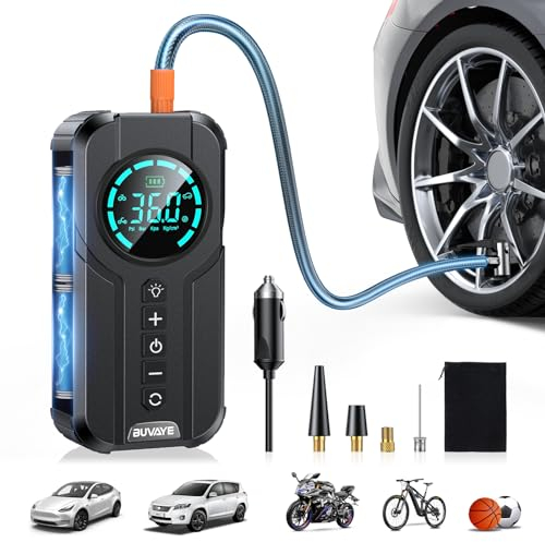 Puissant Compresseur à Air Portatif, Gonfleur Pneus Voiture sans Fil avec Jauge, Mini Compresseur 150PSI avec Lumière LED, Écran LCD Numérique, 4 Modes Gonfleur pour Voiture Moto Bicyclette Boule