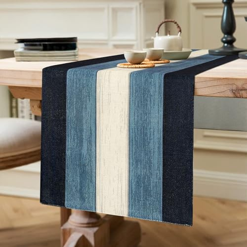 Runner da tavola moderno alla moda, blu profondo e bianco, strisce di venature del legno, runner da tavola stagionale, decorazione per interni, vacanze, feste, 40 x 140 cm, stile vintage