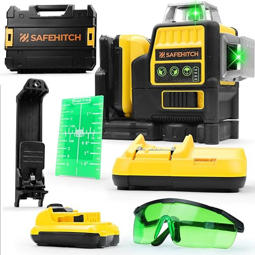 SAFEHITCH – LaserLevelProKit: Grön laser – trevägs – självnivellerande – 30 m – 2 batterier – klämfäste – målplatta – bärväska – laddningsdocka – 3 x 360 laser