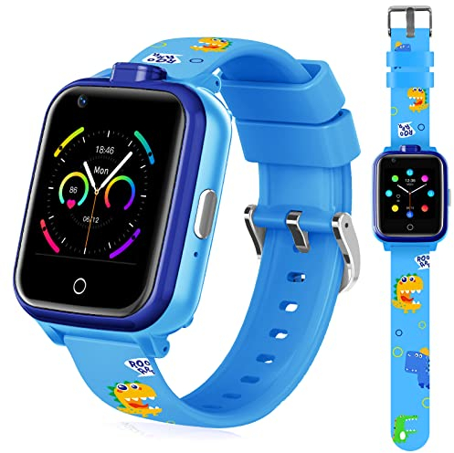 OKYUK 4G Smartwatch für Kinder, GPS-Tracker, mehrere Desktop-Stile zur Auswahl, Zwei-Wege-Anrufe, Bildkompetenz, SOS, WLAN, wasserdichter Touchscreen für 4–12 Jungen und Mädchen (Blau) (T13 Blau)