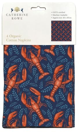 Cloth Napkins - Set of 4 - Organic Cotton - Artistic Lobster Design by Catherine Rowe - Reusable Tableware