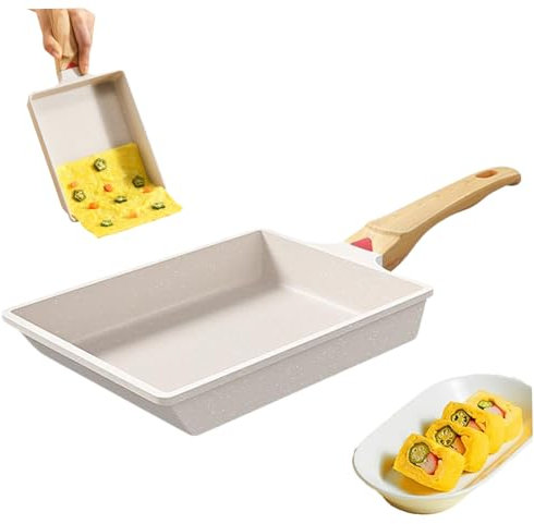 OnIUeZky 1pc tamagoyaki sartén non stick tortilla japonesa sartén 7.9x6.3 '' sartén cuadrado con mango de madera huevo japonés sartén de cocción segura herramientas de cocción blanca