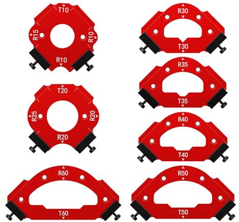 Lot de 7 gabarits de défonceuse en alliage d'aluminium pour découpe d'arc, outil auxiliaire de coupe à l'arc, gabarit d'angle pour défonceuse R10 R15 R20 R25 R30 R35 R40 R50 R60 T10 T20 T30 T35 T40