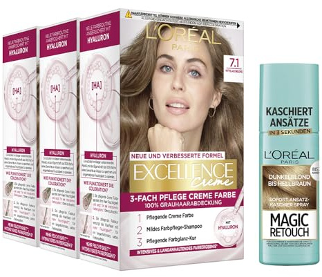 L'Oréal Paris Haarfärbe- und Ansatz-Kaschierset, 3x Permanente Haarfarbe Excellence Creme, Nr. 7.1 Mittelaschblond und 1x Ansatz-Kaschierspray Magic Retouch, Dunkelblond-Hellbraun, [Amazon Exclusive]