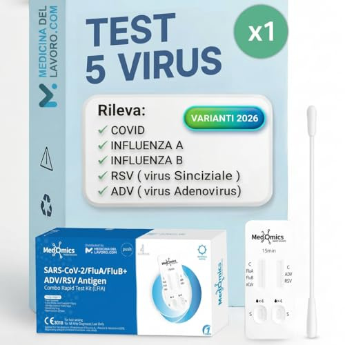 1 x Test Combo 5in1, Tamponi Rapidi combo Covid 19 + influenza A - B + RSV Virus respiratorio sinciziale + ADV Adenovirus, Kit Rapido Tampone per l'Antigene SARS-COV-2 Varianti 2026,1 pz