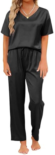 TeJoyce Pijama de Seda para Mujer de Verano, Ropa de Dormir de Raso de Dos Piezas, Conjunto de Satén de Manga Corta y Pantalón Largo, Ropa de Casa Elegante y Ligera S-XXL