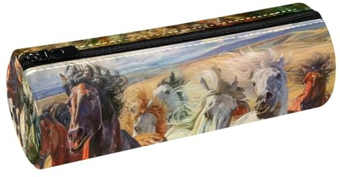 VAPOKF Trousse à crayons en cuir synthétique avec imprimé chevaux au galop - Trousse de maquillage pour femmes, filles, garçons, enfants, fournitures scolaires et de bureau, multicolore, 20x6.3x6.3 CM