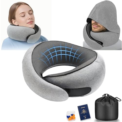 Cuscino da Viaggio Memory Foam con Cappuccio Regolabile | Cervicale Ergonomico 360° Aereo Treno Auto Ufficio | Federa Lavabile - Incluso Custodia e Tappi (Grigio Chiaro)