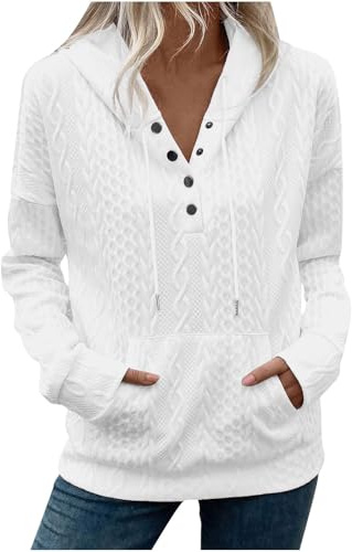 KUIH Hoodies for Women UK Drawstring Hooded Jumper Pullover Button V Neck Long Sleeve Sweatshirt Cable Tunic Sweater Ladies Fleece Sweatshirt Autumn Winter Top Basic Sweaters Women Thermal Tops