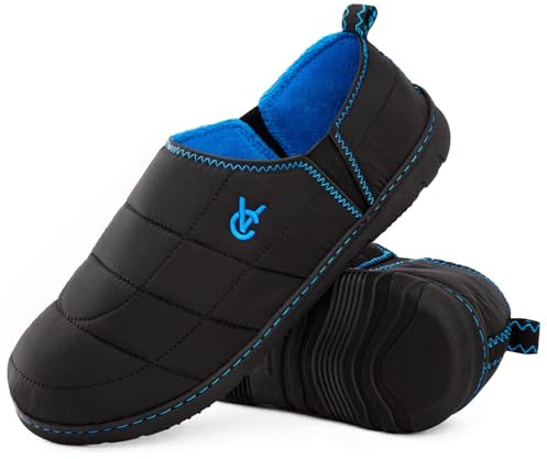 VeraCosy Men's Quilted Slippers House Shoes with Elastic Gore Anti Skid Outsole for Indoor Outdoor Knight Black,11-12 US