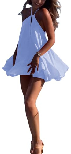 SOLY HUX Women's Mini Dress Halter Neck Sleeveless Tie Backless Swing Flowy Beach Dresses Summer Vacation Clothes Light Blue X-Small