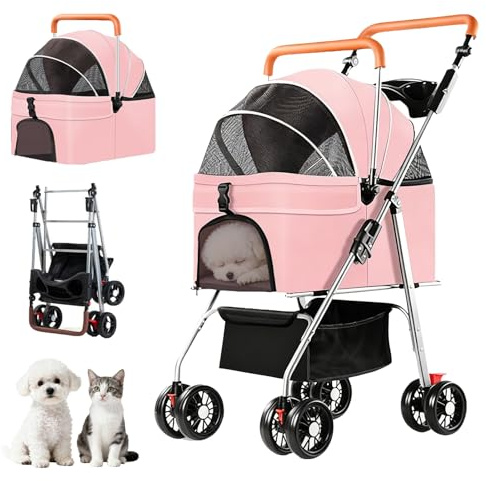 Simanli Pet Stroller for Small Cats Dogs Foldable 3-in-1 Dog Strollers Portable Puppy Trolley with 4 Wheels for Travel Camping Walk with Storage Bag(Pink)