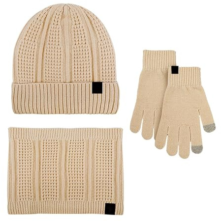 Generisk kvinnor och män vinter varm söt ull hatt halsduk handskar tre stycken vinter snö stickad mössa skärm vantar halsdukar set stickad, kaki, one size