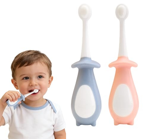 2Pcs Baby Toothbrush 0-3 Years Toddler Toothbrush (Pink+Blue) | Cute Dinosaur-Shaped Design, Safe Soft First Toothbrushes, Infant Toothbrushes