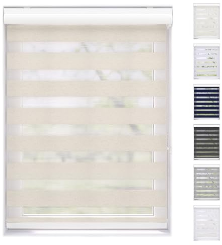 EFIXS Doppelrollo mit Kassette Montage Wand/Decke mit Bohren Breiten: 40-220, Höhe: bis 240 Hier: BxH (80 x 175) cm (Leinen) Premium Duorollo, oder ohne Bohren mit Klemmhalter am PVC-Fenster