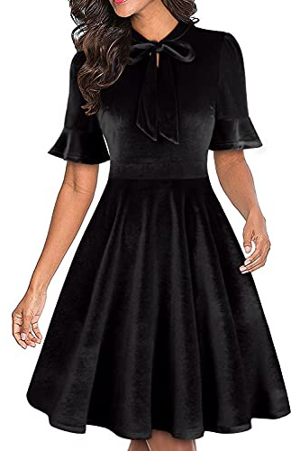 Black Velvet Dresses for Women Vintage Fit and Flare Knee Length Business Office Professional Work Dress S
