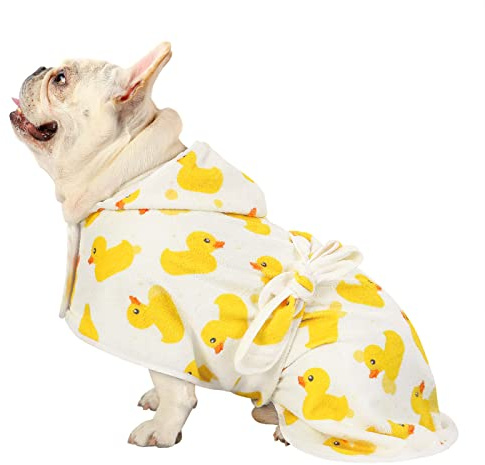 HDE Hooded Dog Bathrobe Quick Dry Towel Wrap for After Bath White Ducks M