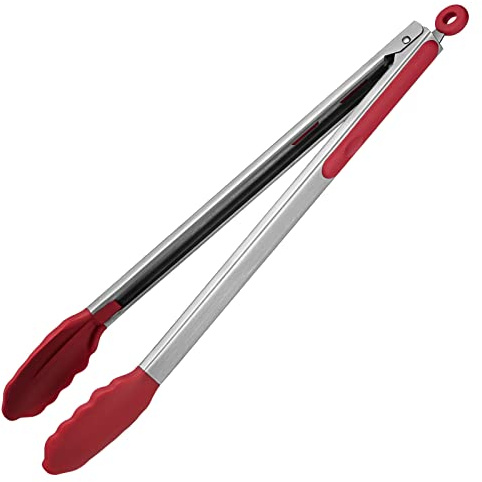 U-Taste 41 cm Pinza da cucina in silicone resistente al calore 315℃ con punte in gomma antiaderente ben sigillate e manico in acciaio rivestito in silicone e bloccaggio liscio (Rosso)