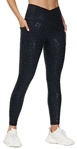 THE GYM PEOPLE Women's V Cross High Waist Yoga Leggings with Pockets, Tummy Control Yoga Pants for Ladies Gym Sports Running, Black Leopard, M