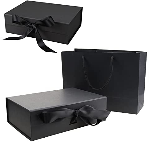 Presentförpackning med Lock Presentkartong Magnetisk Låda med Rosett Band för Bröllop Jul Födelsedagar presentlåda(Svart Rektangel )