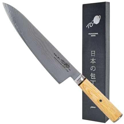 Totiko Chef Knife Professionale in Acciaio Damasco, Coltello da Cucina Professionale Giapponese da Carne, Pesce e Verdura, Lama da 21cm, Yamomoto, Manico in resina Pakkawood Japan Knives