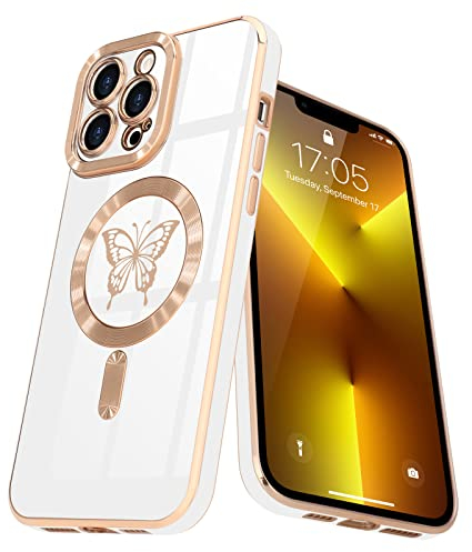 Lafunda Magnetisch Hülle für iPhone 13 pro max Handyhülle Schutzhülle Kamera-Vorsprung Case Schmetterling Vergoldung Glitzer Mädchen Stoßfest Cover für iPhone 13 pro max Weiß