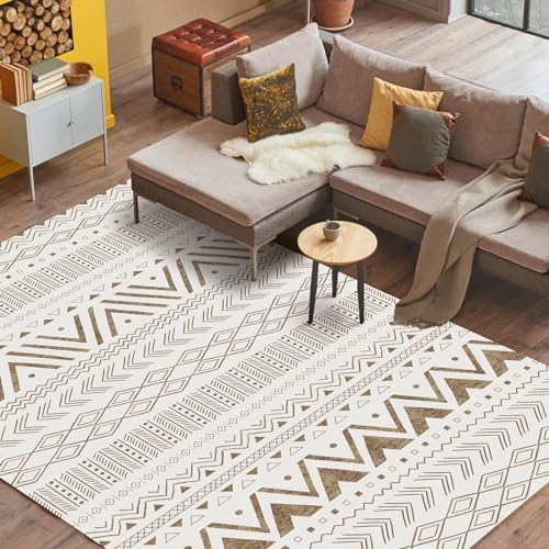 Vamcheer In-& Outdoor Modernes Teppich- robuster Teppich, Ideal für Küche und Esszimmer, Teppiche Läufer Vintage-Optik, Boho Geometrisches Style,Balkon Terrasse, Beige 160x230