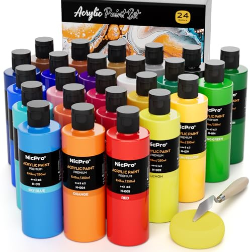 Nicpro 24 Colors Large Bulk Acrylic Paint Set (8.45 oz/250 ml), Rich Pigments Non Toxic, Bulk Painting Supplies for Artist Beginners on Canvas, Wood, Rock, Glass, Ceramic, Crafts with Color Wheel