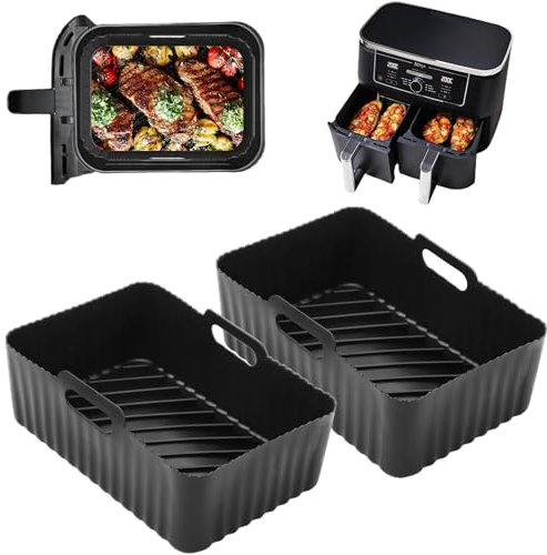Silicone Air Fryer Liners 2 Pack for Ninja Dual Zone AF400UK AF451UK AF300UK 8–9.5L Foodi MAX, Compatible with Tower T17088, Keplin, EMtronics Reusable Non-Stick Dishwasher Safe Accessories