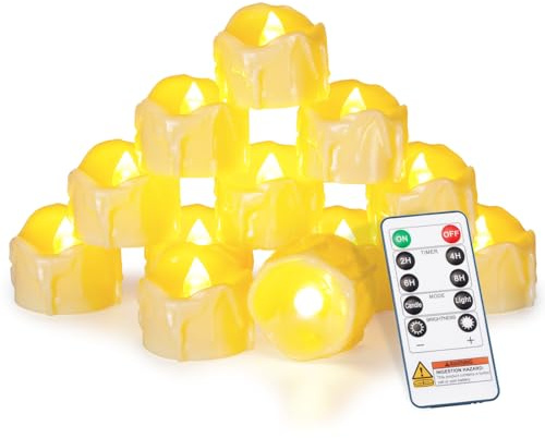 Homemory 12pcs Remote Timer LED Tea Lights Candles, 400+Hours Flickering Flameless Battery Votive Tealights for Tabletop Lighting, Centerpieces Decor, Holiday, Ivory Base