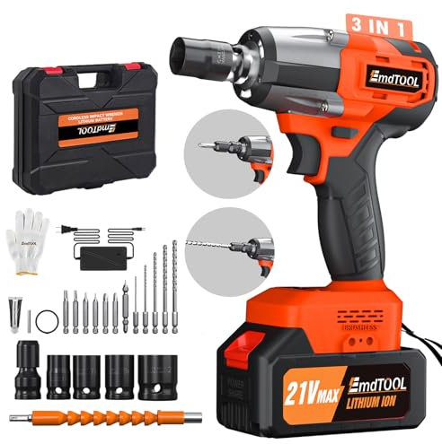 Clé à Chocs Sans Fil Brushless, 550Nm Boulonneuse à Choc Electrique, avec Batterie 4.0Ah 21V, Visseuse à chocs Fréquence d'impact 2500RPM, avec 4 Douilles à Chocs et 12 Accessoires pour Perceuses