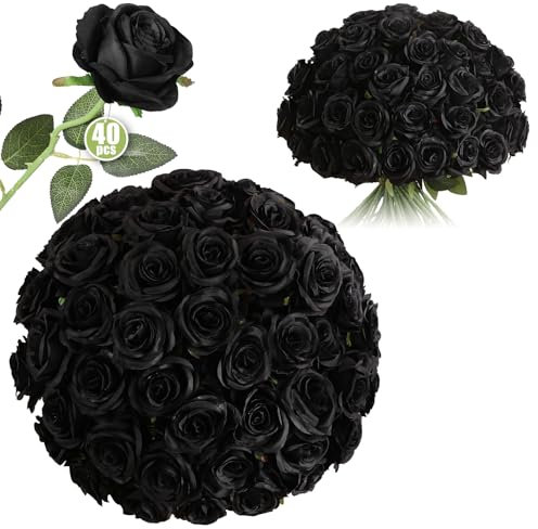 Luyue 40PCS Black Roses Artificial Flowers - Long Stem Fake Roses Bouquet Silk Flowers Artificial Black Rose for Wedding Centerpiece Home Decor & Valentines Floral Arrangement