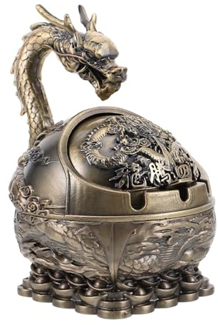 Vintage Metal Dragon Ashtray with Lid, Windproof Decorative Tabletop | Portable Coffee Finish, Hand Carved Antique Style, Home Decoration Accent, Men Friendly Gift Piece