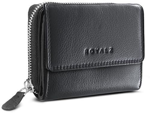 ROYALZ 'Liberty' Vintage Portemonnaie Damen klein Leder - kleine Geldbörse mit 7 Kartenfächern - Echtleder Geldbeutel RFID Schutz - viele Fächer Portmonee mit extra Münzfach, Farbe:Schwarz