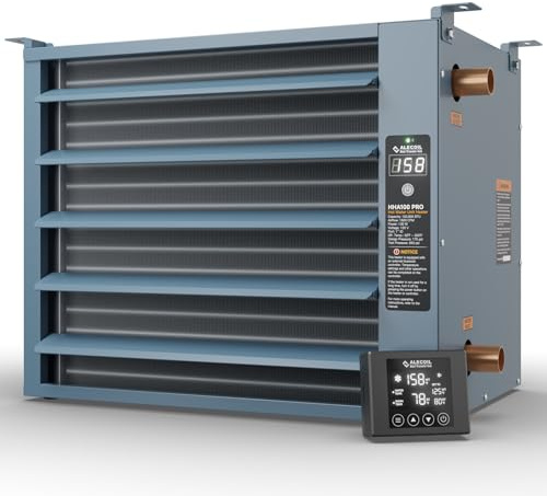 ALECOIL Hydronic Hot Water Hanging Unit Heater with Remote Temperature Control 100,000 BTU Water to Air Heat Exchanger with Fan for Outdoor Wood Furnaces and Garage Heating, HHA100-Pro, Blue