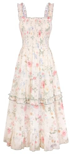 SCARLET DARKNESS Women Victorian Spaghetti Floral Dress Smocked Long Summer Casual Beach Dresses Apricot Pink Floral XXL