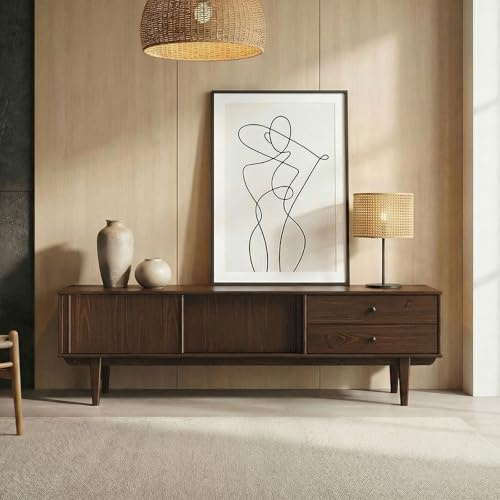 IDIMEX Meuble TV Simona L 175 cm en Bois Massif Coloris Noyer avec 2 Tiroirs 2 Portes Coulissantes, pour téléviseur jusqu'à 75, Style Vintage Scandinave Années 50, Rangement Pratique pour Salon