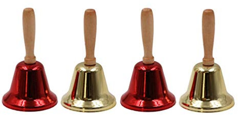 PRETYZOOM Christmas Hand Bell With Wood Handle - Metal Call Bell for Calling Attention and Assistance - Kids Gift (2 Golden + 2 Red)
